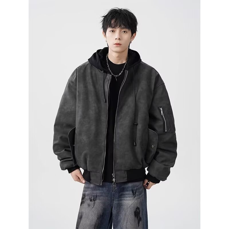 Vintage Autumn and Winter Faux Two-Piece Leather Jacket for Men, Cotton-Padded Pilot Jacket, Stylish Hooded Cotton Coat for Men Vintage Autumn and Winter Faux Two-Piece Leather Jacket for Men, Cotton-Padded Pilot Jacket, Stylish Hooded Cotton Coat for Men