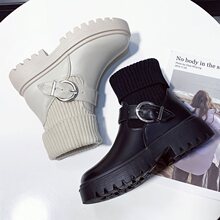 春夏毛线口短靴女韩版粗跟厚底针织短筒马丁靴保暖加绒棉皮靴