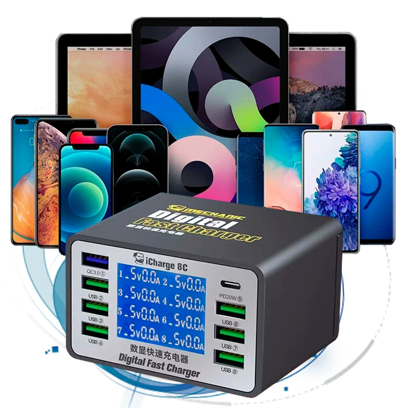 Станция зарядки Multi-port USB для ремонта телефонов с интеллектуальным цифровым дисплеем, беспроводная быстрая зарядка, защита от перегрева