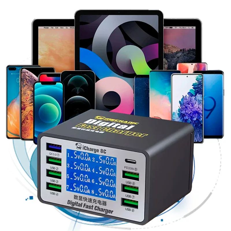 Станция зарядки Multi-port USB для ремонта телефонов с интеллектуальным цифровым дисплеем, беспроводная быстрая зарядка, защита от перегрева