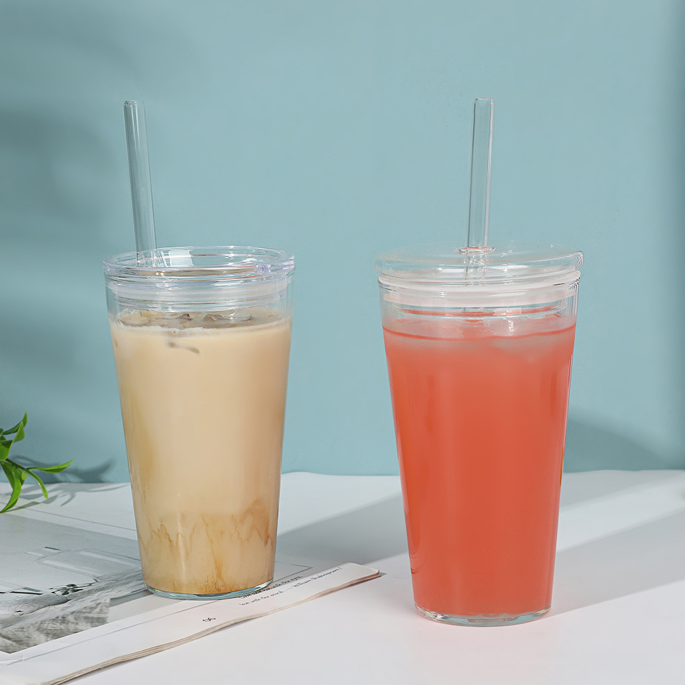 Taza de paja transparente con cubierta alta resistencia al calor taza de vidrio de borosilicato de alta capacidad taza de agua simple taza de oficina taza de té de leche taza de automóvil
