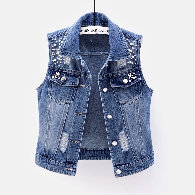 Denim Vest Women's Short 2025 Spring and Summer New Washed Hole Beaded Sleeveless Tops Easiest for Match Slim Top Trendy
