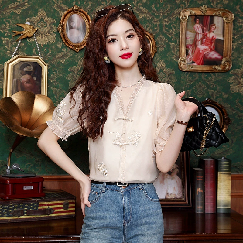 Шифоновая рубашка, футболка, китайский стиль, puff-рукава, с коротким рукавом