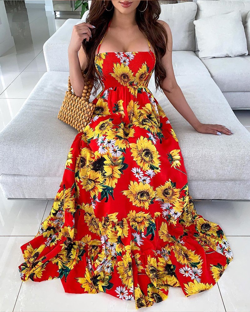 Vestido bohemio con estampado de girasol sin mangas y sin mangas con vendaje NSFH125723