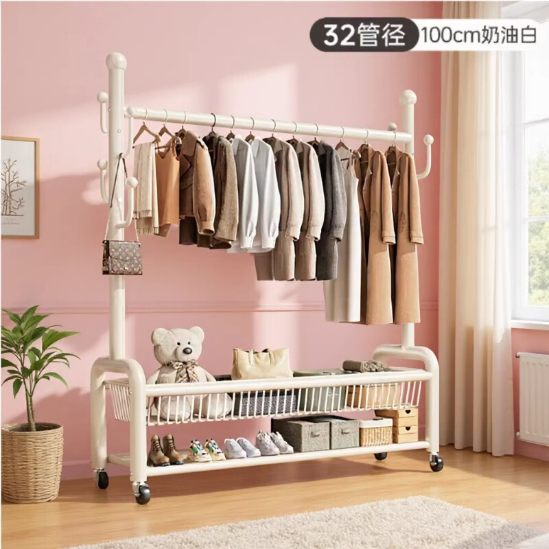 Free Shipping, Extra Thick 32-Inch Round Floor-Standing Clothes Rack, Double-Rod Double-Layer Movable Clothes Drying Rack, Multi-Purpose Simple Coat Rack for Bedroom
