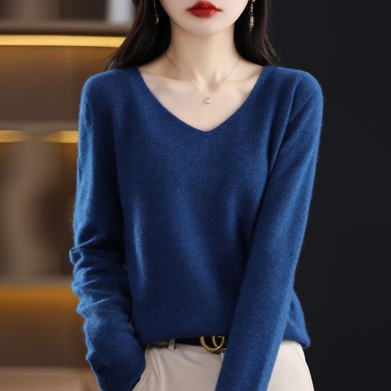 Spring and Autumn 100% Wool Sweater for Women, V-Neck Knitwear, Loose Sweater, Solid Color Top, Pullover, Plus Size, Fine Wool