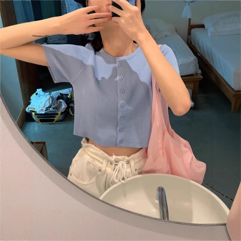 Summer Internet Popular Tiny Machine Top Short Navel-exposed Cardigan Slim-fit Slimming Knitted Short-sleeved T-shirt Summer Internet Popular Tiny Machine Top Short Navel-exposed Cardigan Slim-fit Slimming Knitted Short-sleeved T-shirt