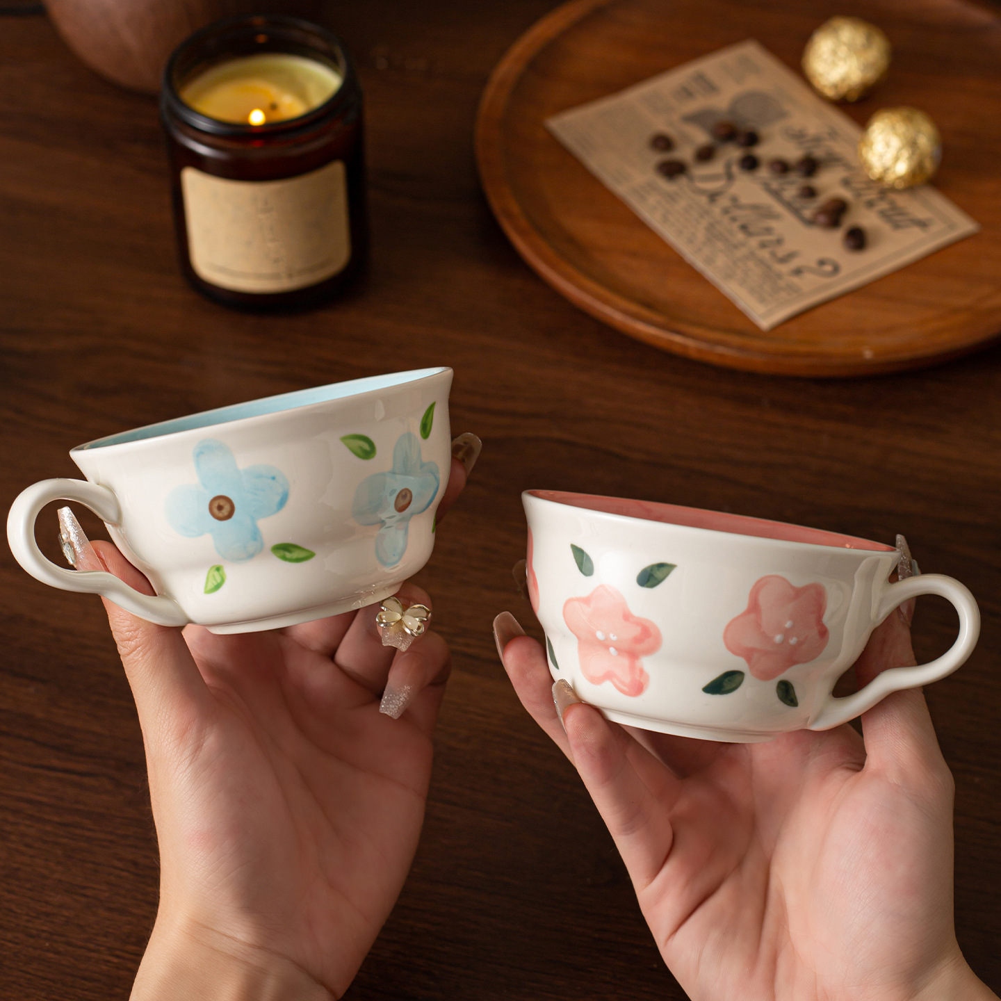 Tazas de café de cerámica pintadas a mano, tazas de cerámica medieval, flores coloridas transfronterizas, tazas de té de la tarde de alto valor de color