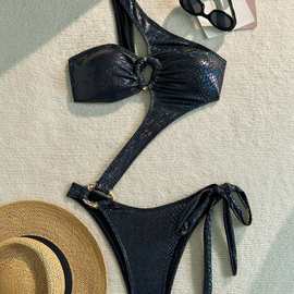 亚马逊热销外贸蛇纹泳衣镭射单肩金属扣性感分体比基尼跨境游泳装