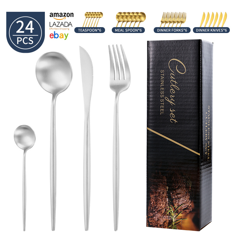 Transfronterizo Amazon mango redondo portugués cuchillo y tenedor cuchara set de platos de acero inoxidable mate cuchillo y tenedor de filete set 24 piezas
