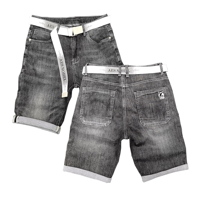 2021夏季新款五分裤 黑灰色弹力中裤男 青年欧美刺绣牛仔短裤男潮