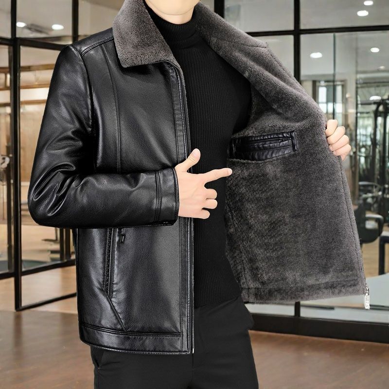 Men's Leather Jacket with Lapel, Fleece-Lined, Thickened, Cold-Proof, Warm, Short Style for Middle-Aged and Elderly Men, Autumn and Winter Leather Coat Men's Leather Jacket with Lapel, Fleece-Lined, Thickened, Cold-Proof, Warm, Short Style for Middle-Aged and Elderly Men, Autumn and Winter Leather Coat