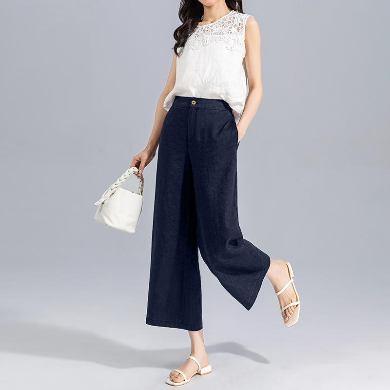 Quần ống rộng nữ cạp cao vải Tencel phối sợi lanh dáng suông — màu xanh hải quân