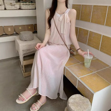 清冷感韩系系带压褶背心上衣女装2025夏季百搭显瘦高腰长款半身裙