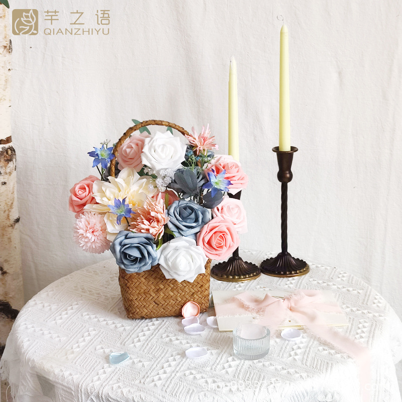 亚马逊热销手工制作仿真绢花粉色森系婚礼DIY手捧花篮花盒礼盒花