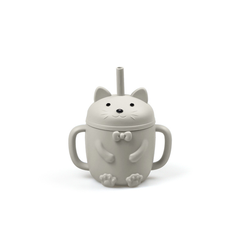 Cross-Border New Baby Cat Cup de silicona BPA GRATIS suplemento alimenticio taza de paja taza de bebida resistente a la caída gato de dibujos animados