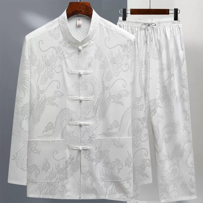 Тан костюм мужской ледяной шелковый костюм с длинными рукавами весной и летом