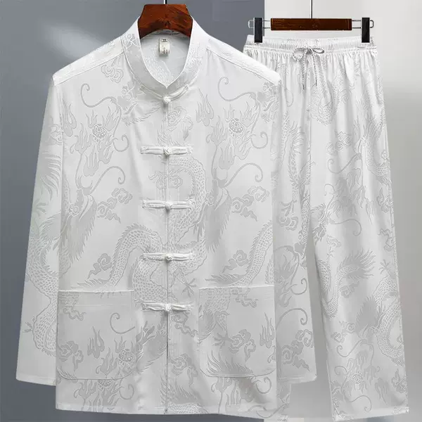 Tang Suit Men's Ice Silk Long-Sleeved Suit Spring and Summer Middle-Aged and Elderly Retro Style Han Dynasty Dad, Elderly and Grandpa Morning Exercise Tai Chi Suit