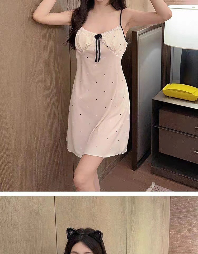 Cherry Print Floral Suspender Nightgown with Chest Pads, Thin Summer Sleep Dress — detail image 16