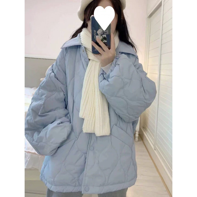 Пальто с хлопковой подкладкой молочно-синего цвета с лацканами и ромбом, женское дизайнерское ниша, зимнее утолщенное пальто большого размера средней длины с хлопковой подкладкой