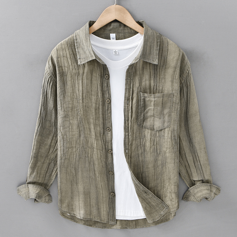 New Ramie Men's Long-sleeved Casual Shirt Loose Retro Creased