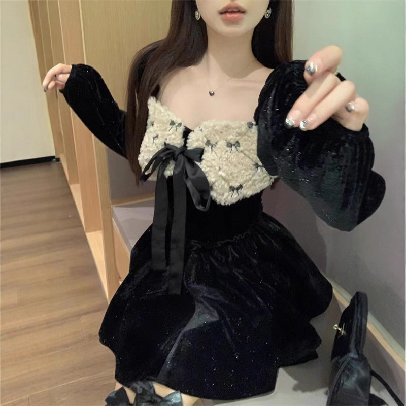 Rich Daughter Style Dress Girl Autumn and Winter Velvet Fine Glitter Birthday Princess Dress Cake Fluffy Skirt