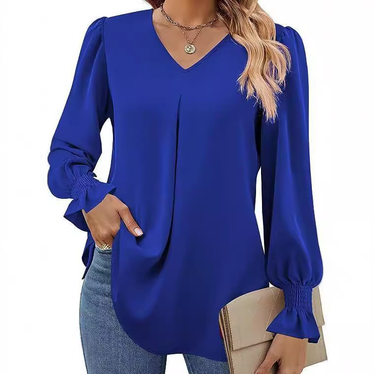Las mujeres europeas y americanas transfronterizas de Amazon Otoño e Invierno nueva camisa de gasa sólida con cuello en V suéter camisa de manga larga de cuerno