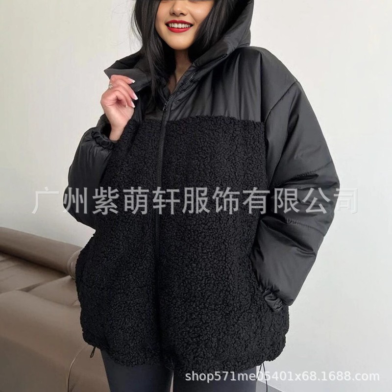 2025欧美INS羊羔毛拼接加棉加厚连帽外套秋冬新款欧美女士棉服|undefined