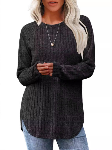 Amazon European and American Foreign Trade Cross-border Women's Clothing 2024 Autumn New Round Neck High-Low Hem Top Women's Fuzzy