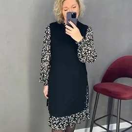 欧洲站2023新款女百搭马甲假两件套印花长袖连衣裙