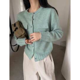 GAGD 羊毛混纺复古圆领针织开衫外套女 软糯显瘦春绿色毛衣女上衣