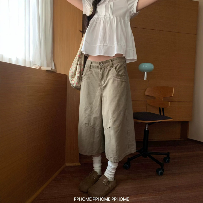Khaki Multi-Pocket Outdoor Cropped Jeans Unisex Loose Straight Wide-Leg Casual Workwear Shorts