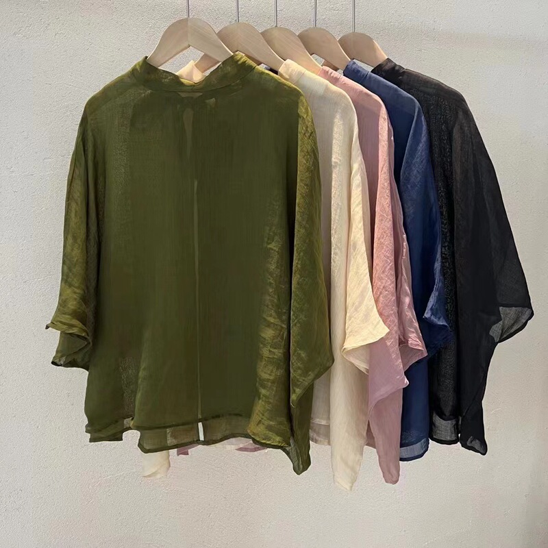 Artistic design light and thin Ramie simple stand collar back lace-up loose shirt solid color retro bat sleeve top