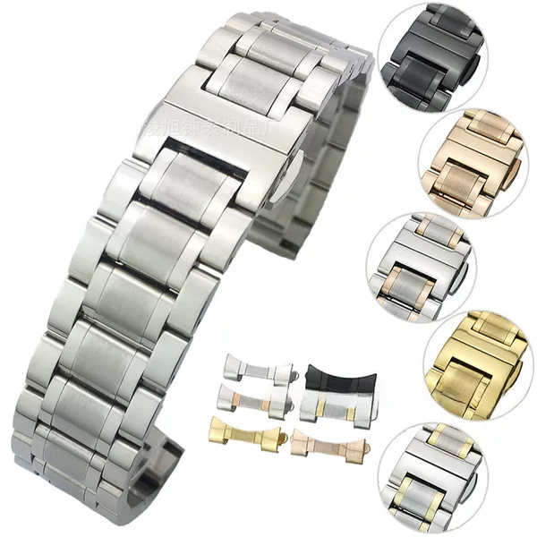 Suitable for Solid Watch Strap Steel Strap Substitute Famous Craftsman Five-Bead Butterfly Buckle Vacuum Electroplating Men's and Women's Watch Chain Flat Mouth Arc Mouth