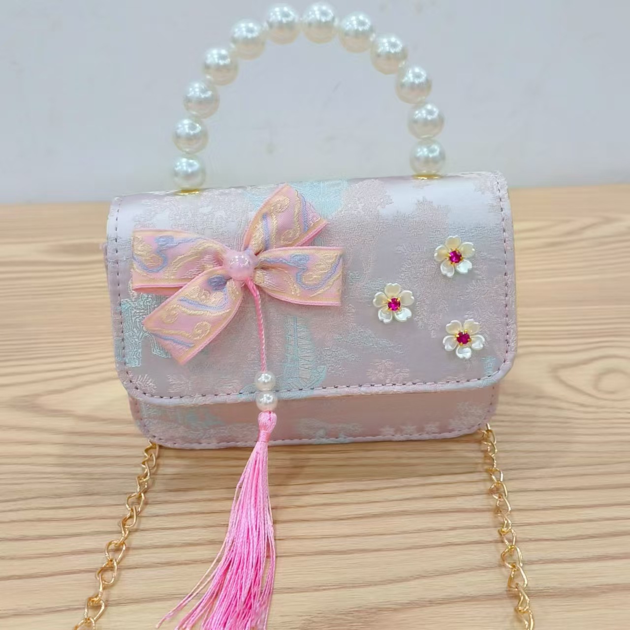 Hermoso bolso de arco de perla para niños nuevo estilo antiguo bolso de borda de color extranjero bolso de hombro con diamantes