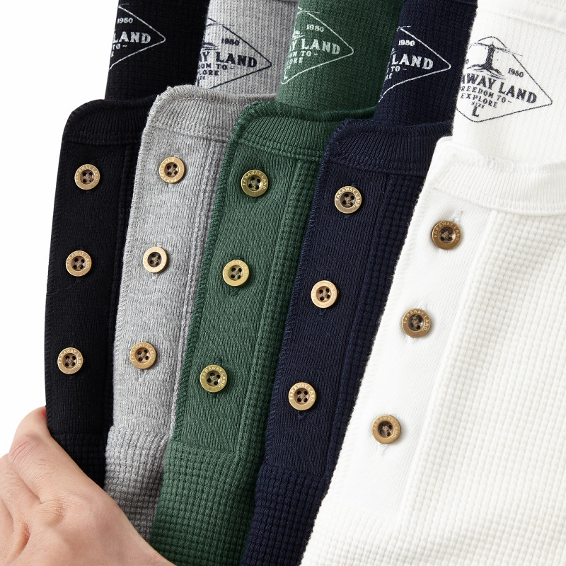 Henry Collar Bottoming Shirt Men's T-Shirt Waffle American Pure Color Inner Wear Men's Ami Khaki Clothes Simple Long Sleeves