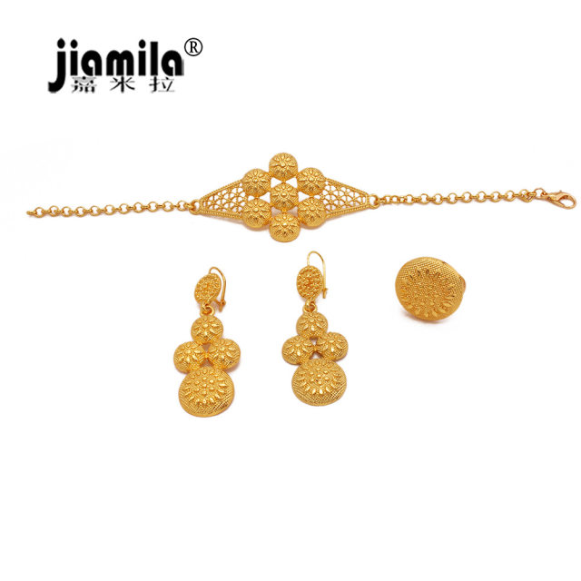 Jamila Dubai 24K Gold Plated Bridal Jewelry Set Indian Classic Necklace Bracelet Ring Earrings Four Piece Set