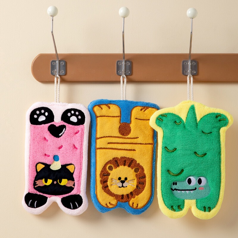 Thickened cute animal hand towel, hanging absorbent bathroom towel, cartoon absorbent handkerchief, kitchen cleaning cloth