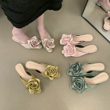 香港代购花朵小众方头半托鞋女夏款后空配裙子包头半拖鞋凉鞋