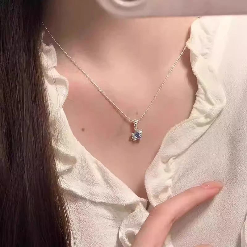 新款超仙蓝色锆石星星项链女小众设计感甜美气质百搭五角星锁骨链|undefined
