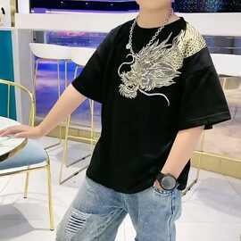 男童夏季儿童过肩龙镶钻t恤中大童洋气炸街上衣潮男宝宝短袖夏装
