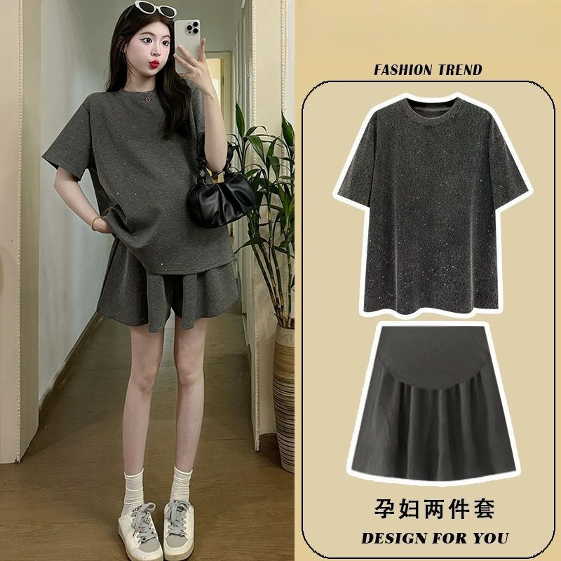Maternity Set 2026 New Stylish Gray Casual Sports Short-Sleeve Shorts and Skirt Two-Piece Set for Petite Women in Summer