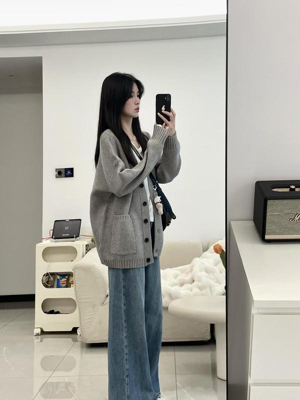 韩系慵懒风灰色针织开衫外套女春秋季外穿奶fufu软糯宽松毛衣上衣|undefined