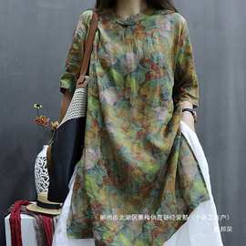 厂家直销捡漏~中长款印花苎麻衬衫女立领盘扣茶服小衫短袖棉亚麻