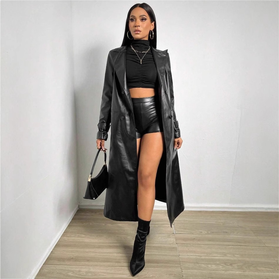 Oversized Double-Breasted PU Trench Coat – Women’s Streetwear Blazer-Collar Long Coat(S/M/L/XL, Black/Brown/Red)_voghion.com