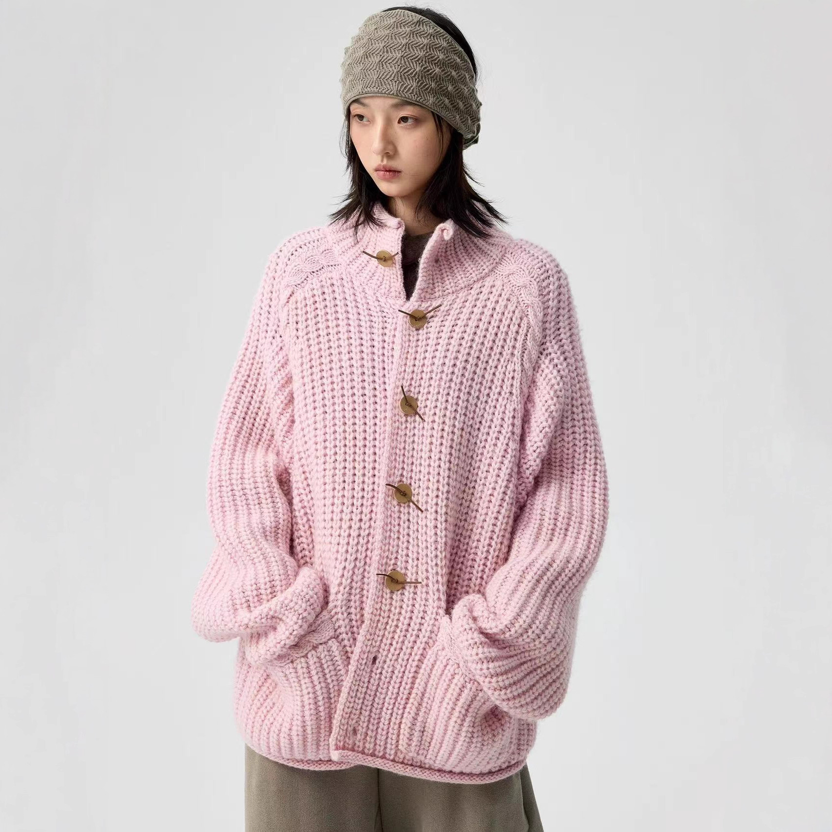 Row Thick Needle Retro Rope Knot Cowhide Buckle High Collar Pink Knitted Cardigan Women's Autumn and Winter Loose Thickeneded Sweater Jacket