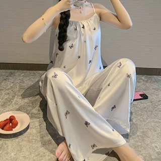 冰雪丝夏季新款可爱蝴蝶睡衣女高级感性感吊带长裤套装家居服女士