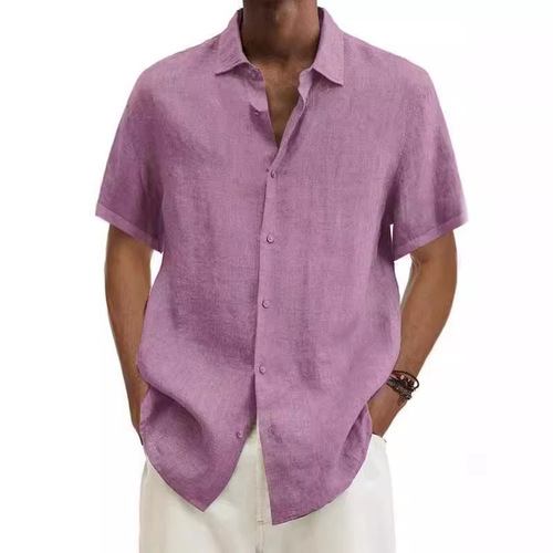 2025 Independent Station Wish Amazon Best Seller Summer V-neck Button Cotton Linen Plain Color Men Fashion Shirt Collar Men