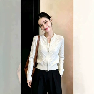 早秋新款菱格肌理感针织外套女 双拉链圆领短款毛衣开衫显瘦上衣