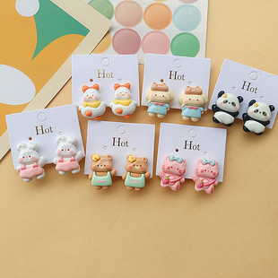 Children's resin earless ear clip student glossy cute panda earrings sweet rabbit duck puppy decorations